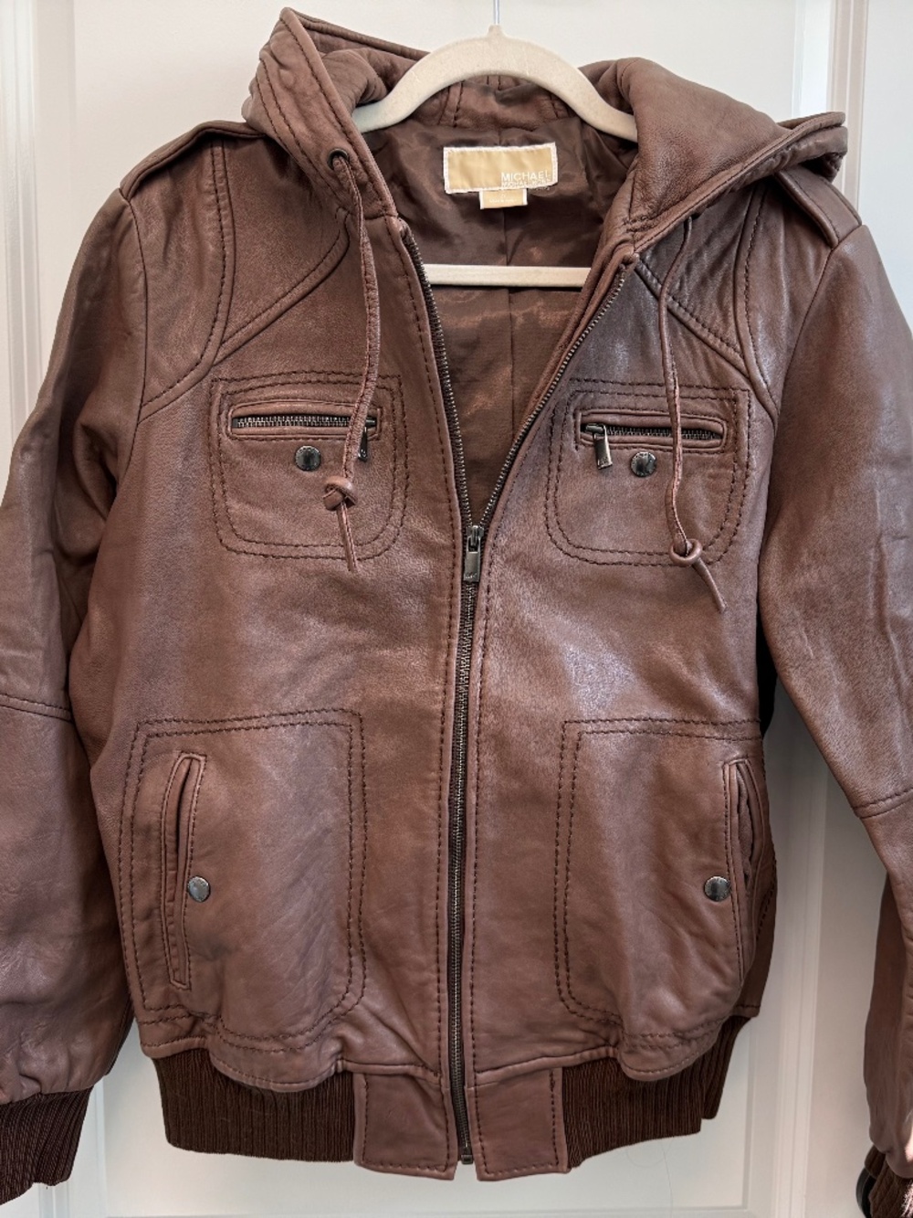 MICHAEL Michael Kors Genuine Brown Leather Hooded Bomber Jacket Size 2X EUC